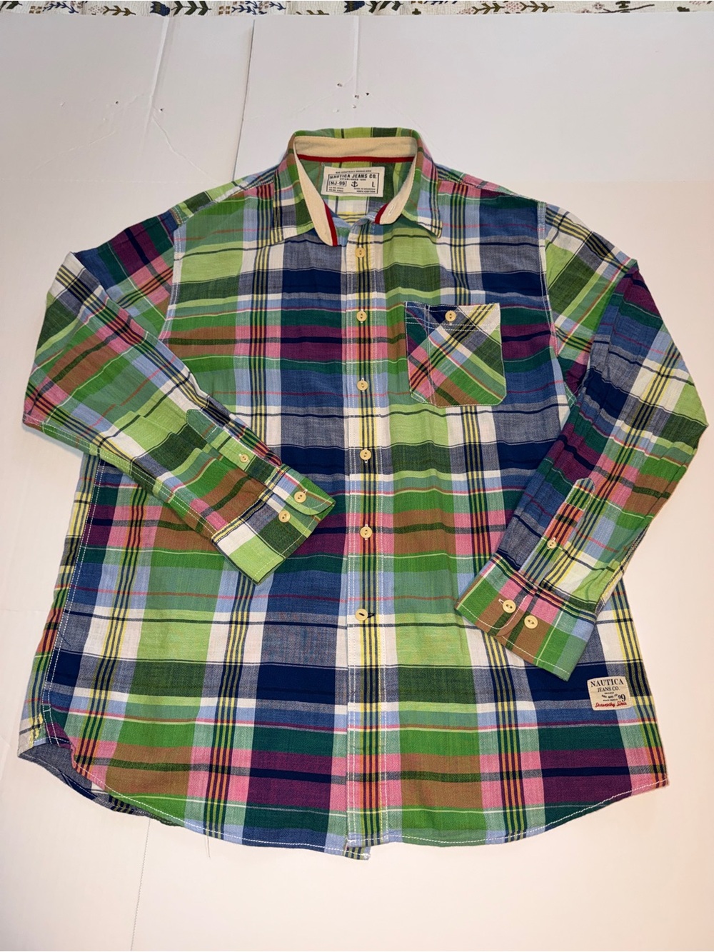 Nautica Green, Blue & Red Plaid Short-Sleeve Button Shirt